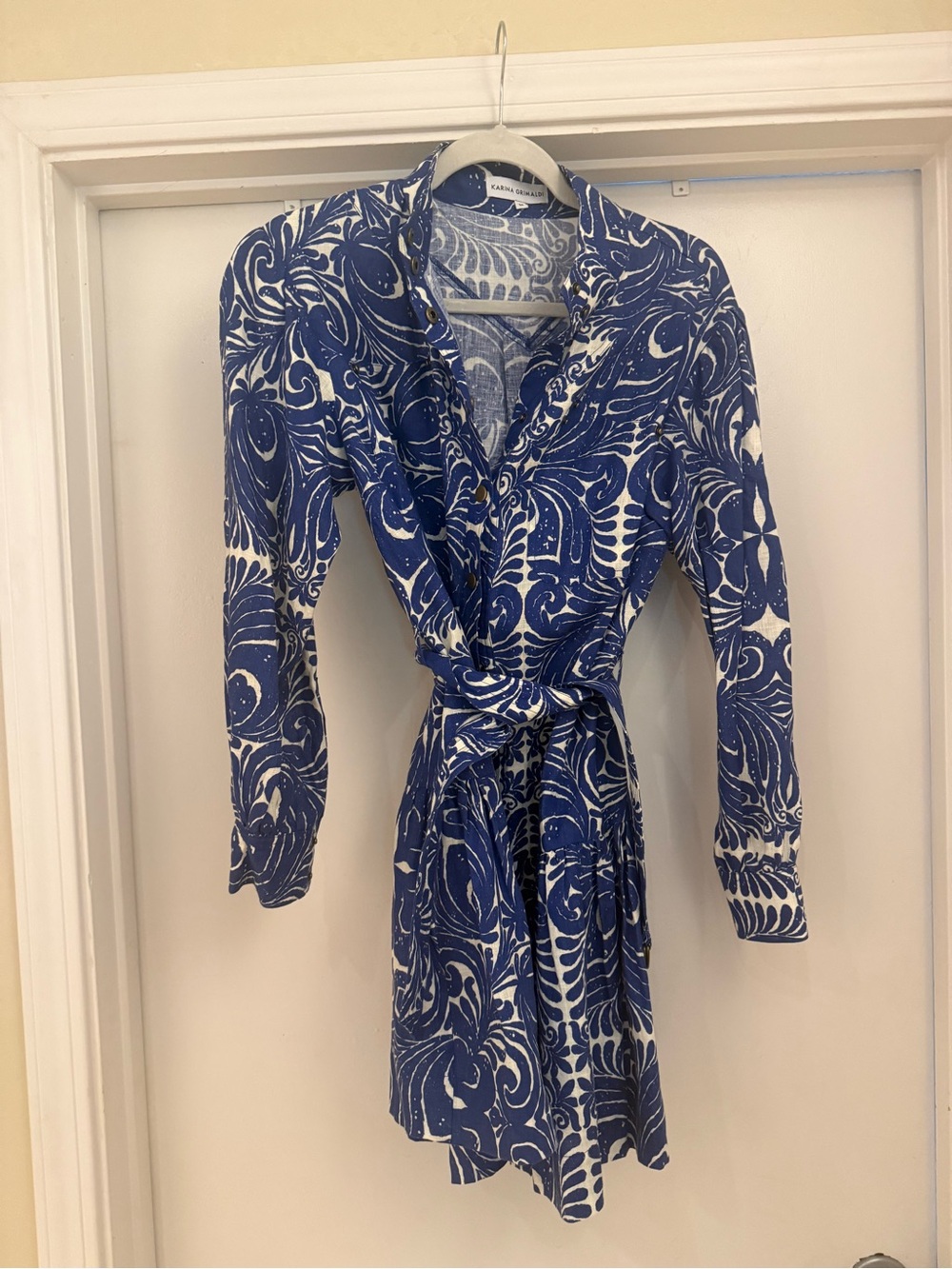 Karina Grimaldi Blue and White Mini Wrap Dress